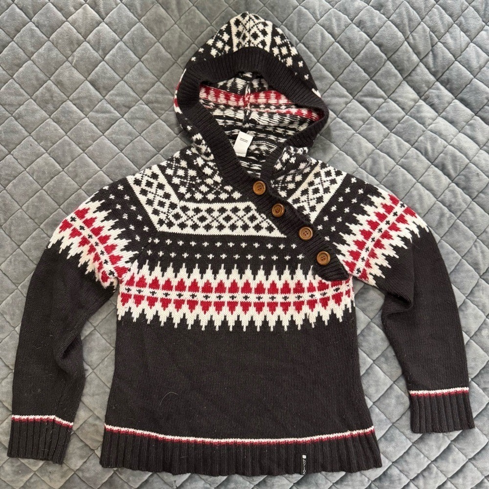 Burton Sweater Fair Isle Hooded Navy Red White Assymetrical Collar Ski Lodge XS - Picture 1 of 8